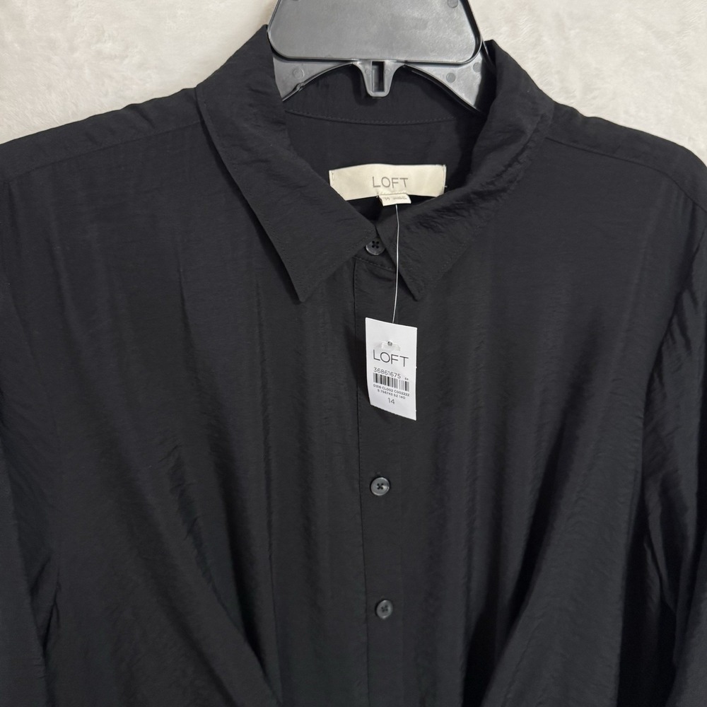 NEW Loft Dahlia Tie Front Mini‎ Shirt Dress Size 14 Black Collared Minimalist - Picture 5 of 12